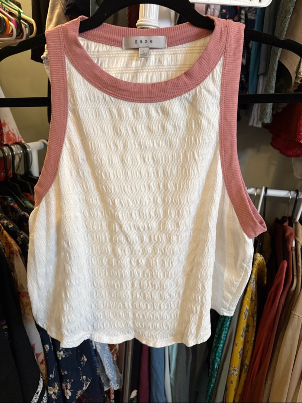 gaze White Tank with Dusty Rose Trim